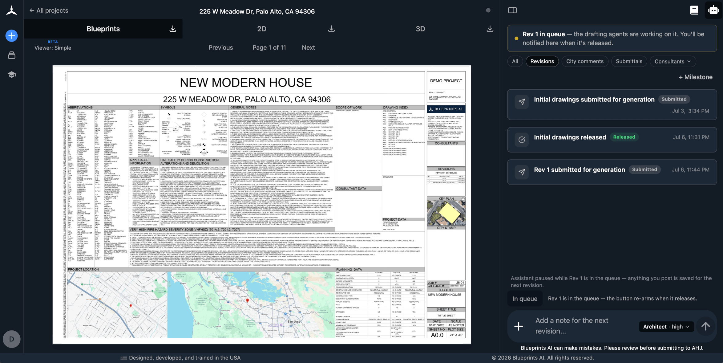 Blueprints AI generating a permit set — title sheet